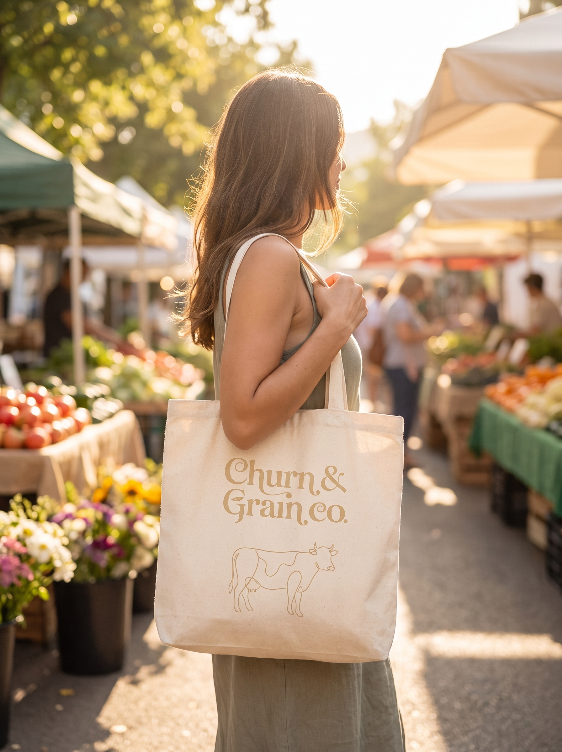 Woman with branded tote bag at market